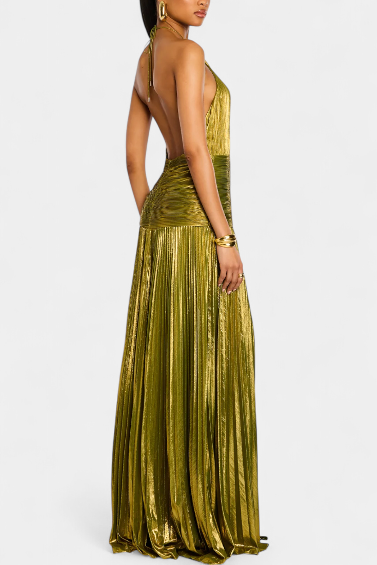 LORETTE | Metallic Peridot Halter Dress