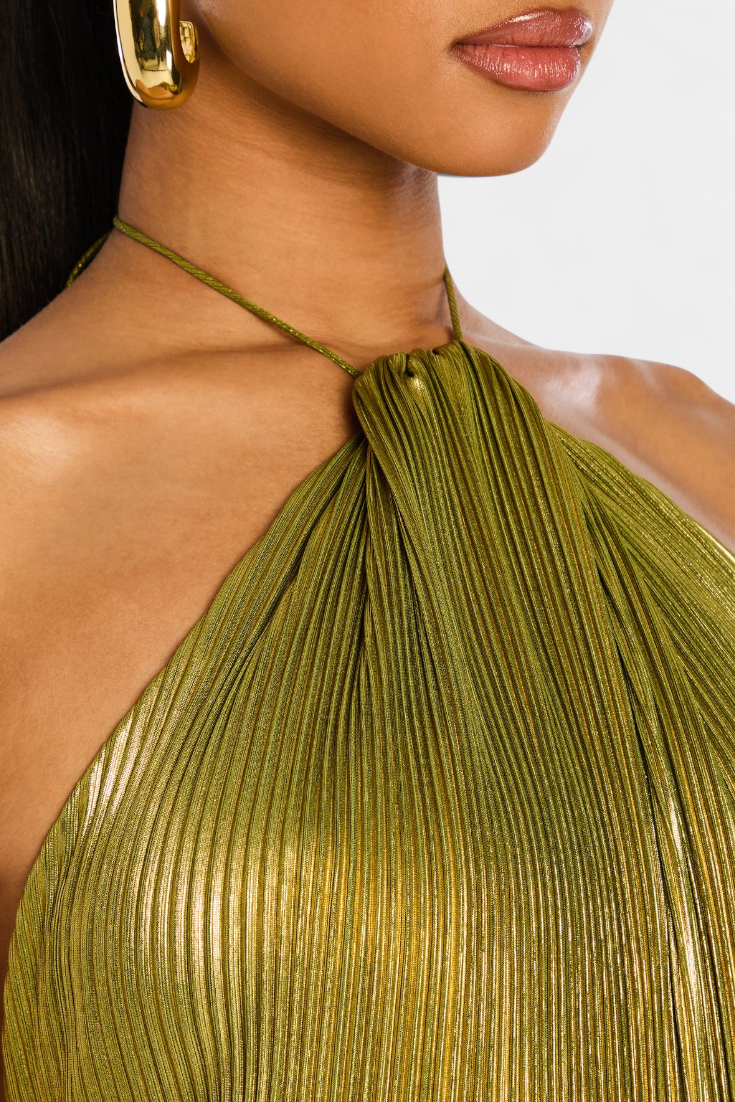 LORETTE | Metallic Peridot Halter Dress