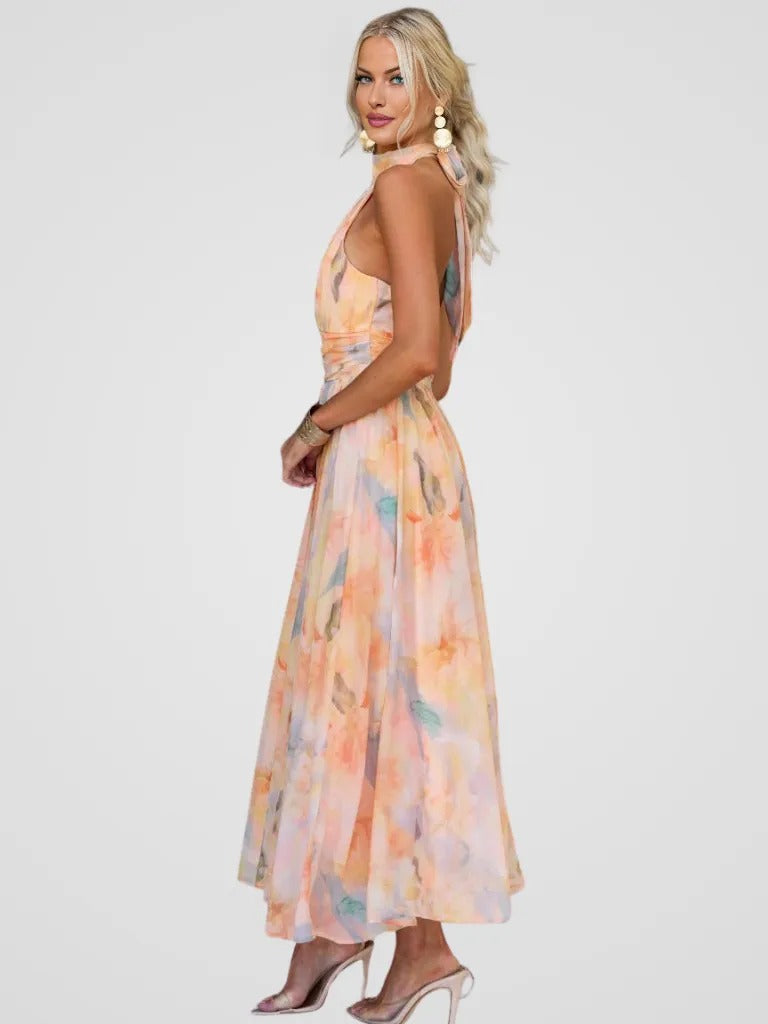SIENNA | Halter Maxi Dress in Peach Blossom Print
